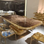 Layered Hammered Gold Dining Table with Dark Breccia Marble Top